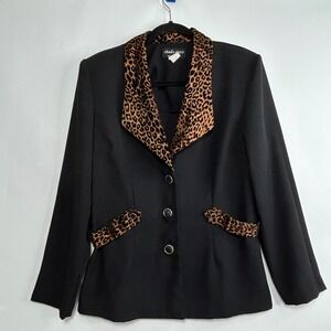 Vintage Chad's Place Black Blazer Leopard Velvet Print Lapel USA Made Womens L